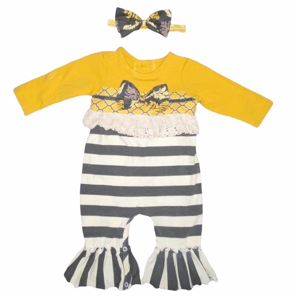 6/9 Peaches 'n Cream Baby Girls Boutique Striped Romper Headband Outfit Set
